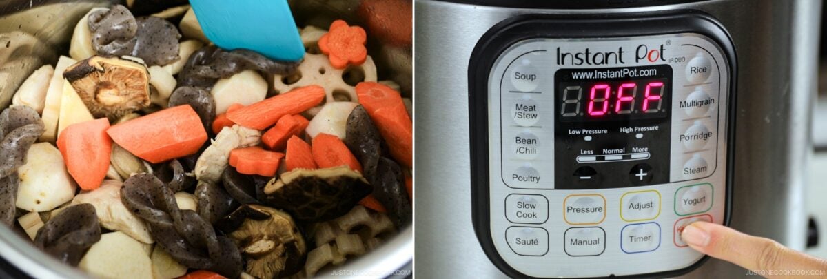 An Instant Pot filled with chopped carrots, konjac, shiitake mushrooms, and other root vegetables is ready for a delicious Instant Pot Nishime, shown next to a close-up of the Instant Pot&rsquo;s control panel.