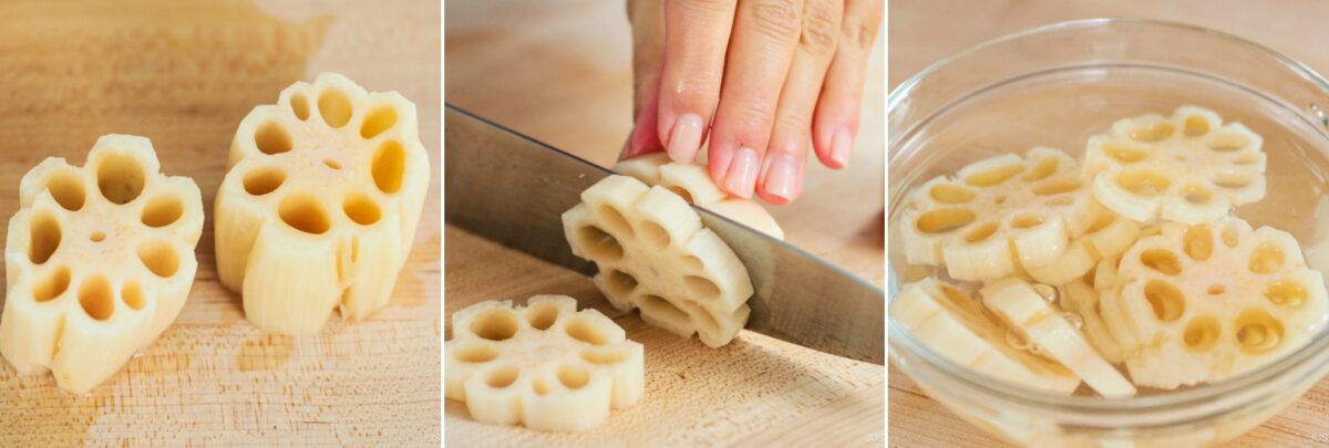 Three-panel image showing lotus root being prepared for Instant Pot Nishime: whole lotus root on a cutting board, a hand slicing it with a knife, and the slices soaking in a bowl of water.