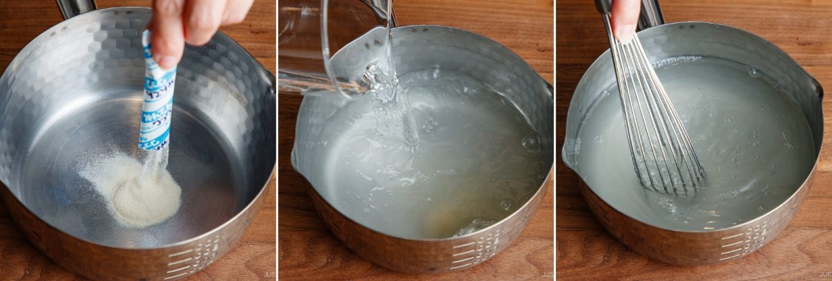 Three-step process: adding powder to a pot, pouring water into the pot with powder, then whisking the mixture together on a wooden countertop.