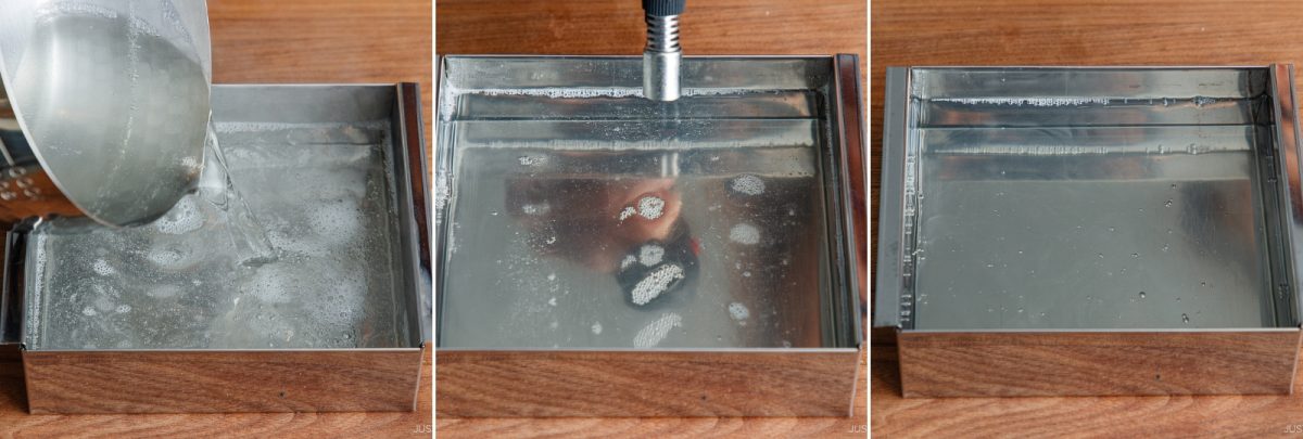 Three-panel image: water is poured into a shiny rectangular metal pan, then the water is torched, forming bubbles, and finally the surface appears smooth and reflective on a wooden table.