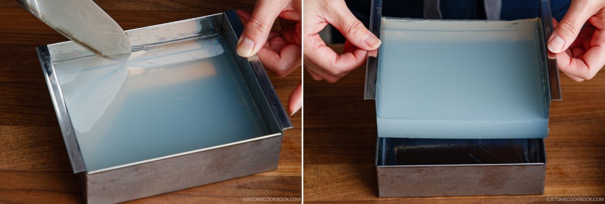 Two images: Left, a spatula loosens a translucent jelly from a metal tray. Right, hands lift the jelly sheet from the tray, showing its flexible texture. Both are on a wooden surface.
