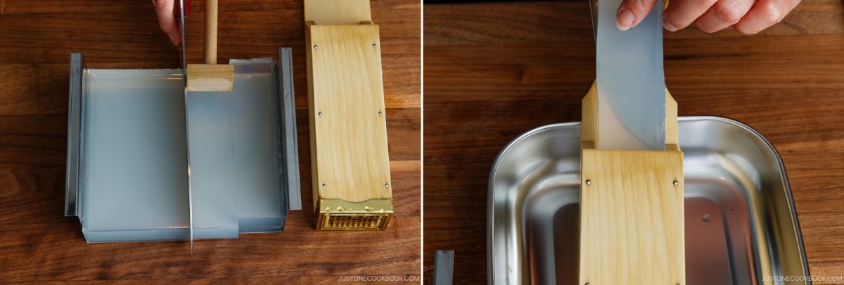 Two photos show a person using a wooden tool to cut and lift large sheets of clear gelatin from a mold onto a metal tray, all on a wooden surface.