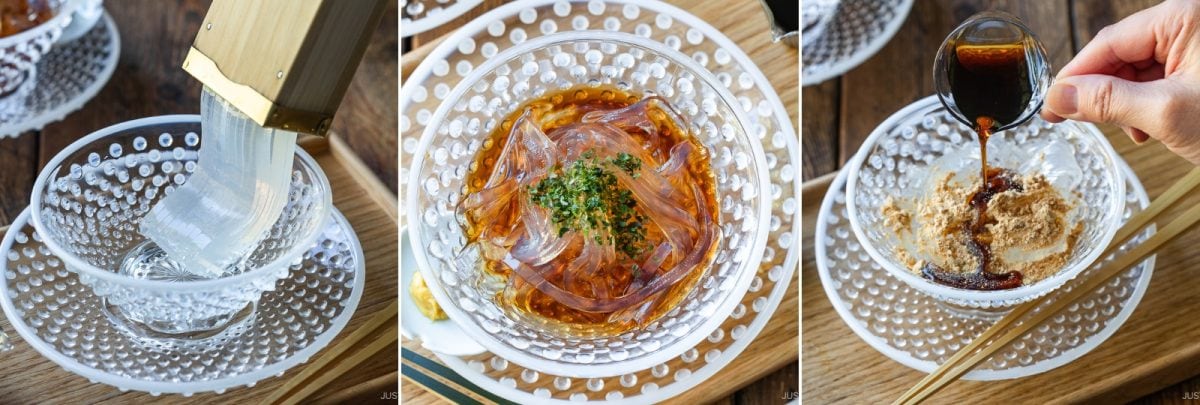 Three steps: Kuzu noodles being pressed into a glass bowl, noodles topped with sauce and herbs, then sauce being poured onto noodles with brown sugar powder.