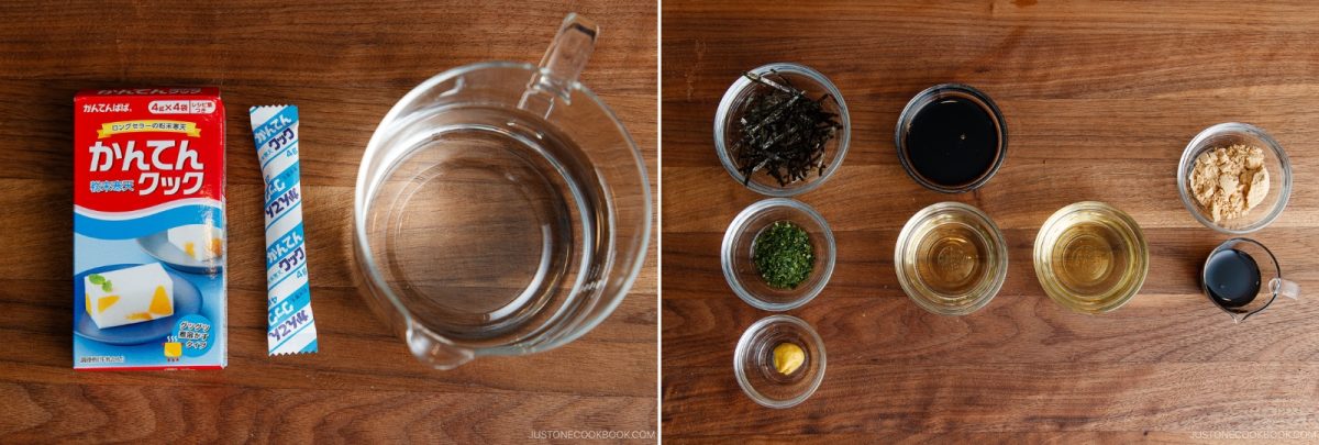 Two images: Left shows agar powder, a packet, and a glass measuring cup with water. Right shows seven small bowls with various sauces, seaweed, herbs, and seasonings on a wooden surface.
