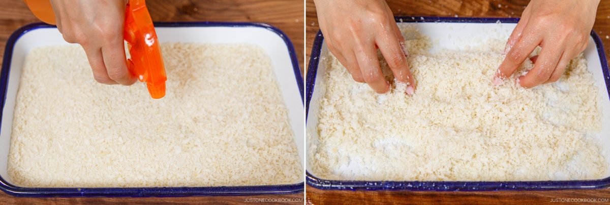 Two images: left shows a hand spraying water on panko breadcrumbs in a tray&mdash;an essential step when preparing Ham Katsu (Midnight Diner) style; right shows hands mixing the breadcrumbs with fingers, ensuring the moisture is spread evenly for that perfect, crispy coating.