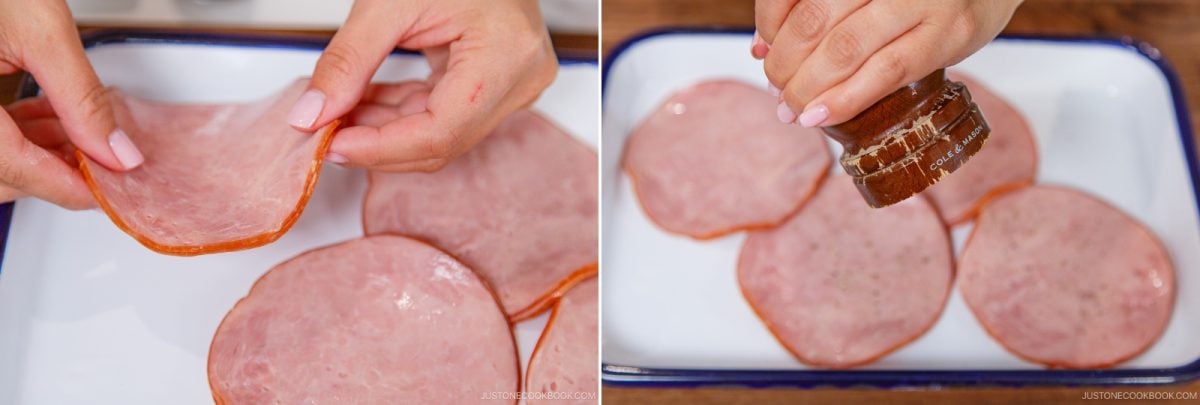 Two images: left shows hands arranging slices of ham in a white dish, reminiscent of preparing Ham Katsu (Midnight Diner); right shows a hand grinding black pepper over the ham slices in the same dish.
