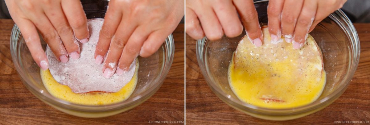 Two hands dip a flour-coated slice of ham into a bowl of beaten eggs, preparing it just like the iconic Ham Katsu from Midnight Diner. The left side shows the ham covered in flour, while the right side reveals it beautifully coated in egg, ready for frying.