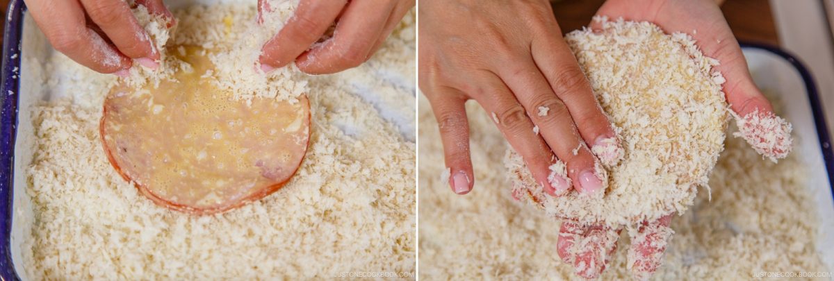 Hands coating a round slice of food, possibly ham or eggplant, with breadcrumbs in a tray&mdash;just like preparing Ham Katsu from Midnight Diner. The process is shown in two steps: pressing the slice into crumbs and covering it completely.