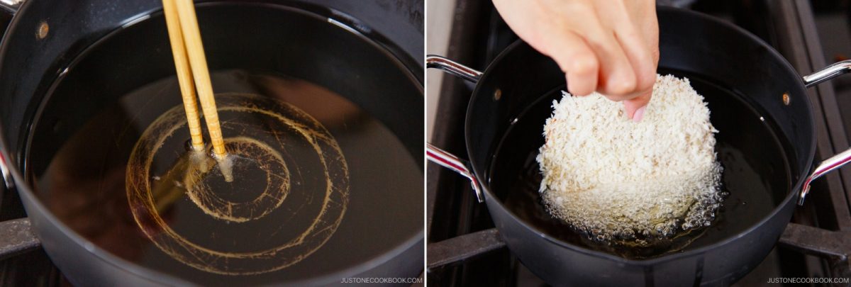 Left: A pair of chopsticks testing oil temperature in a black pot. Right: A hand places a breaded food item&mdash;reminiscent of Ham Katsu from Midnight Diner&mdash;into hot oil in the same pot for frying.