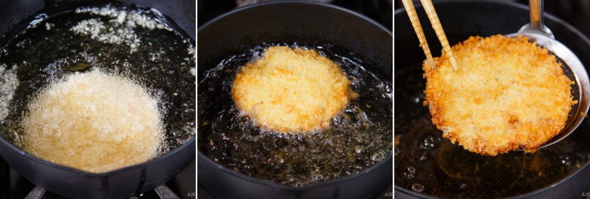A round breaded item, reminiscent of Ham Katsu (Midnight Diner), is deep-fried in a pot of oil. First, it is placed in the hot oil, then shown turning golden, and finally removed crispy brown with chopsticks and a slotted spoon.