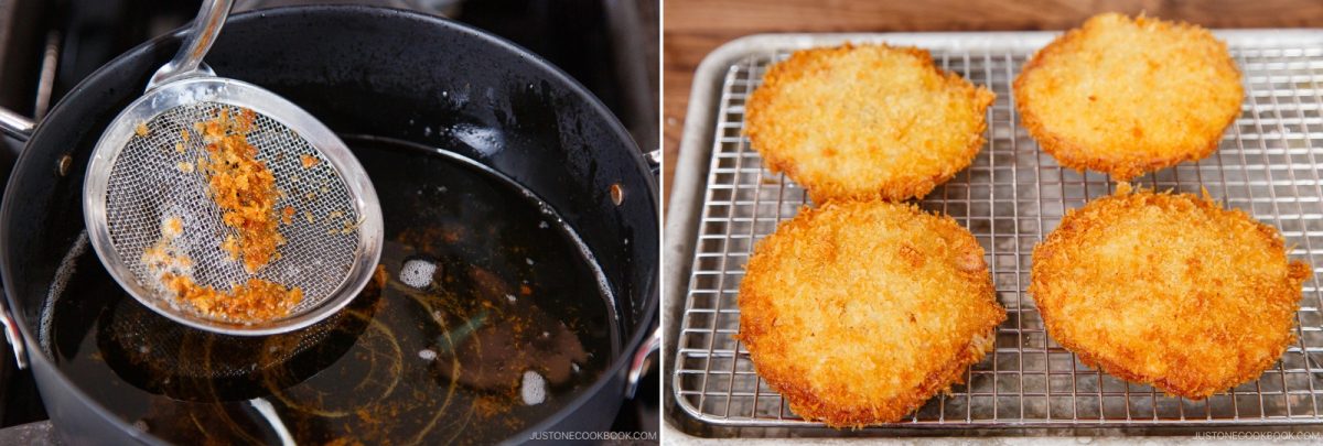 A slotted spoon lifts breadcrumbs from a pot of oil on the left; on the right, four golden Ham Katsu (Midnight Diner) patties cool on a wire rack.