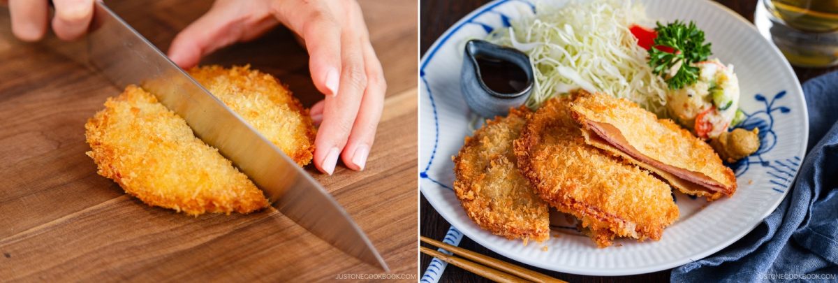 Close-up of a hand slicing breaded, fried meat&mdash;reminiscent of Ham Katsu from Midnight Diner&mdash;on a cutting board (left) and a plate with sliced fried meat, shredded cabbage, sauce, and garnish (right).