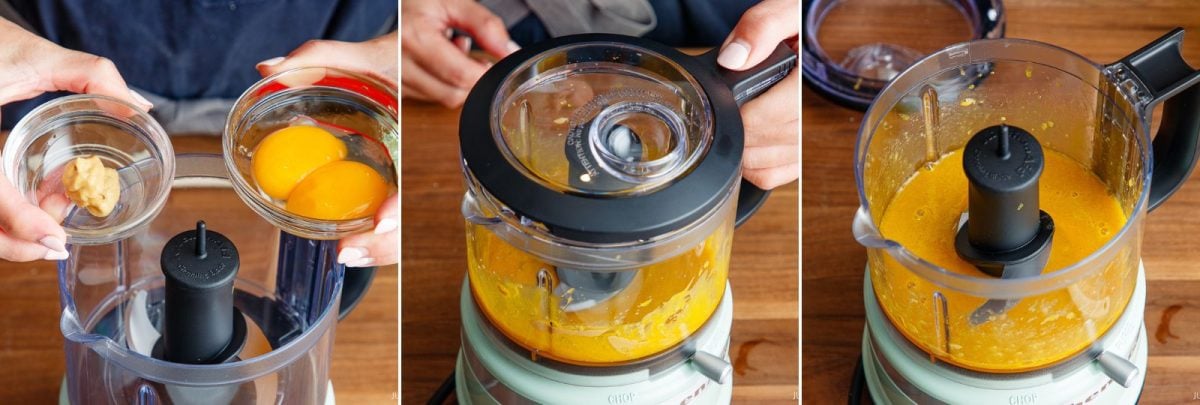 Three-panel image: egg yolks and mustard added to a food processor, then mixed. Second panel shows a hand holding the lid as ingredients blend. Last panel shows the blended egg yolk mixture in the processor.