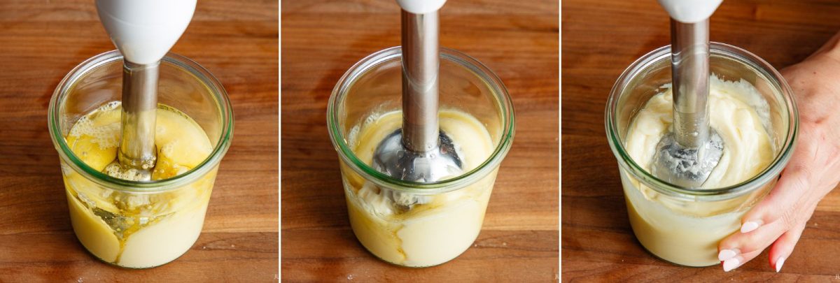Three side-by-side photos show a hand blender mixing ingredients in a glass jar. The mixture changes from separated liquids to a thick, creamy consistency. A hand steadies the jar in the final image.