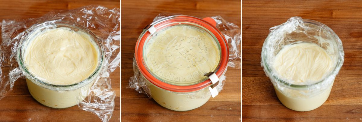 Three images show a glass jar with creamy Japanese mayonnaise&mdash;first covered with plastic wrap, then sealed with a lid.