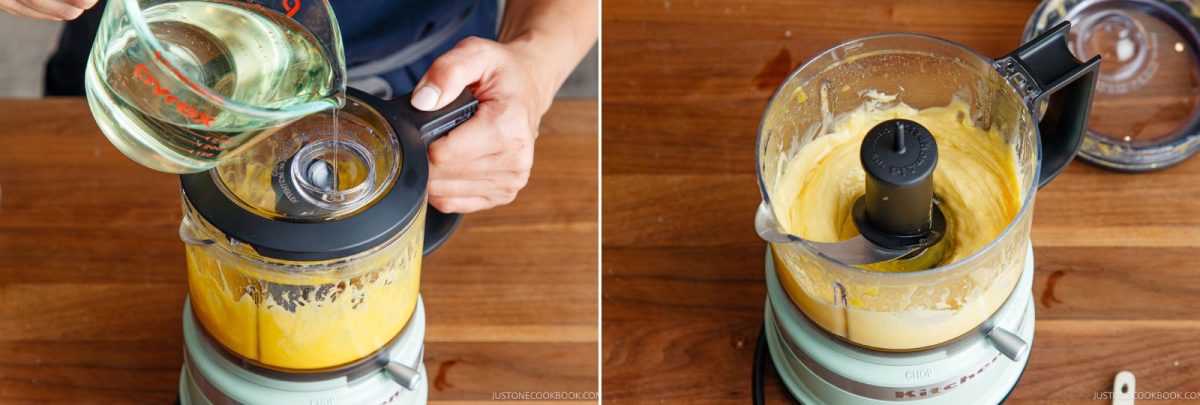Two images: On the left, oil is being poured into a food processor with a egg yolk mixture. On the right, the creamy egg yolk mixture is shown blended inside the food processor.