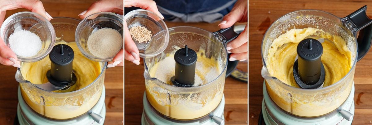 Three steps show adding salt, sugar, and dashi powder to a yolk mixture in a food processor, with hands holding small glass bowls above the mixture on a wooden table.