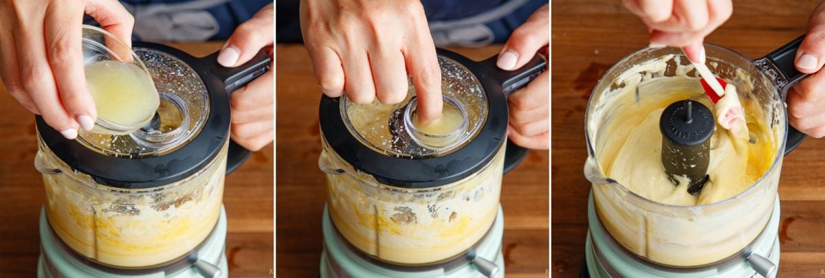 Three panels show a person adding lemon juice, pressing the lid, and scraping the creamy mixture from a food processor while making a recipe.