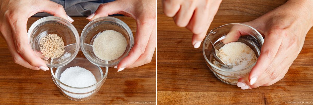 Two hands hold three small bowls with dashi powder, sugar, and salt over a wooden surface. In the second image, a hand stirs the dashi and sugar together in a glass bowl with a spoon.