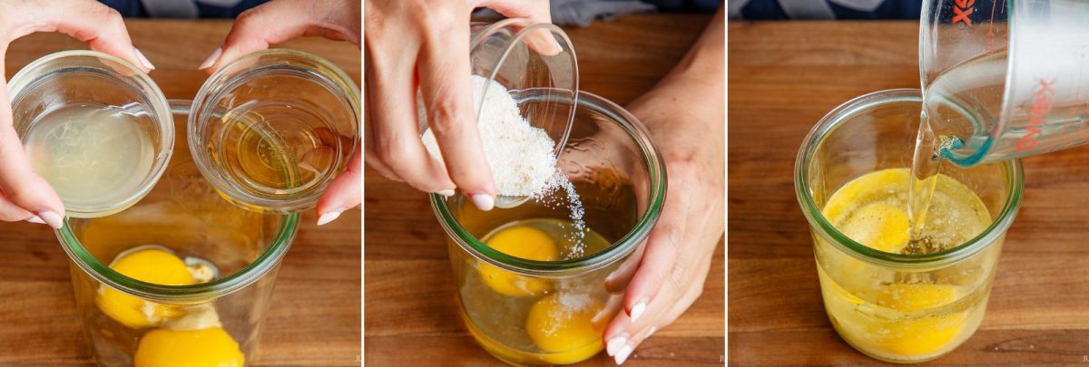 Three-panel image: Cracking eggs into a jar, adding salt, then pouring oil into the jar, all on a wooden surface with hands visible in each step.