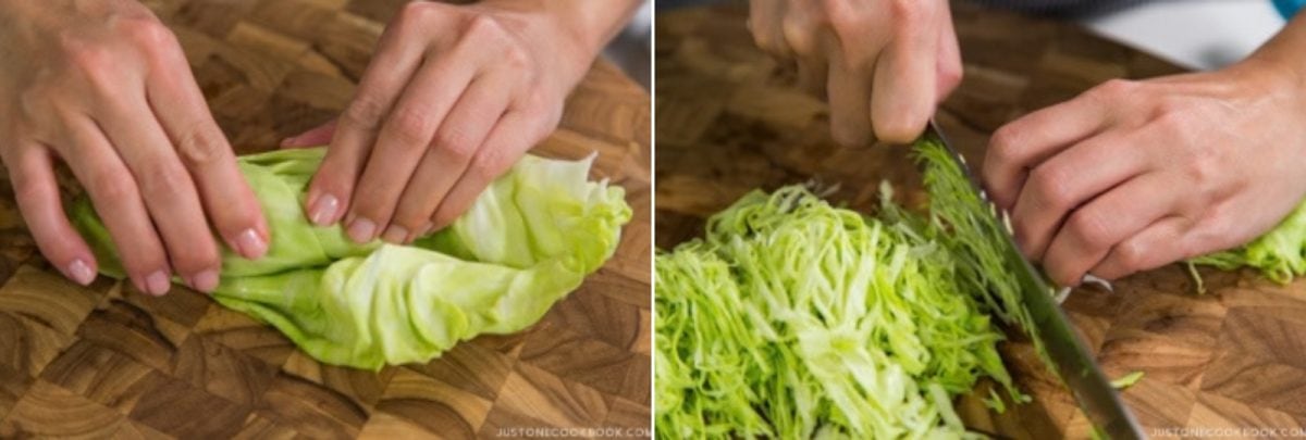 Two images side by side: hands folding cabbage leaves on a wooden cutting board (left), and hands slicing the cabbage into thin strips with a knife (right).