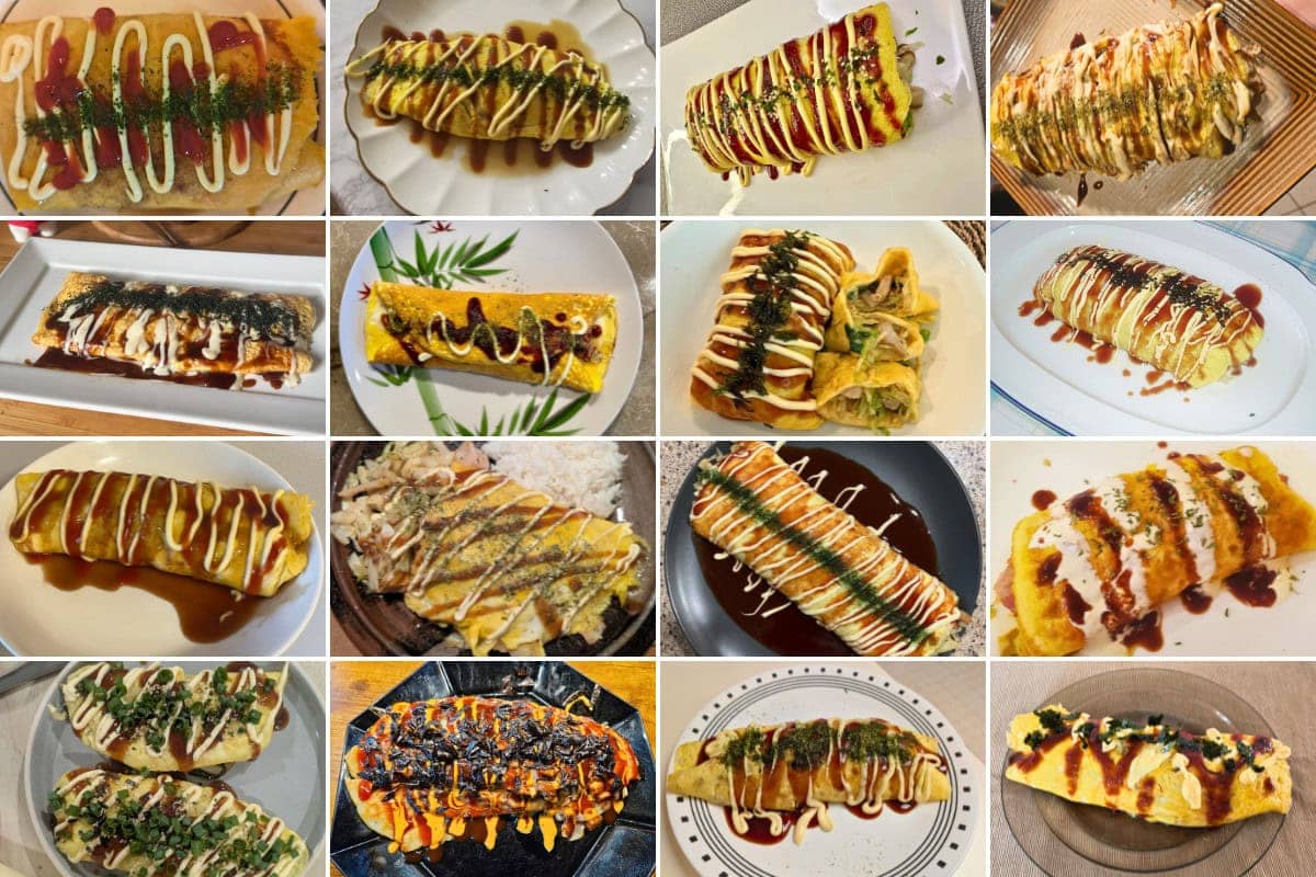 A collage of twelve JOC Cooking Challenge omelets served on plates, each topped with various sauces, drizzles, and garnishes.
