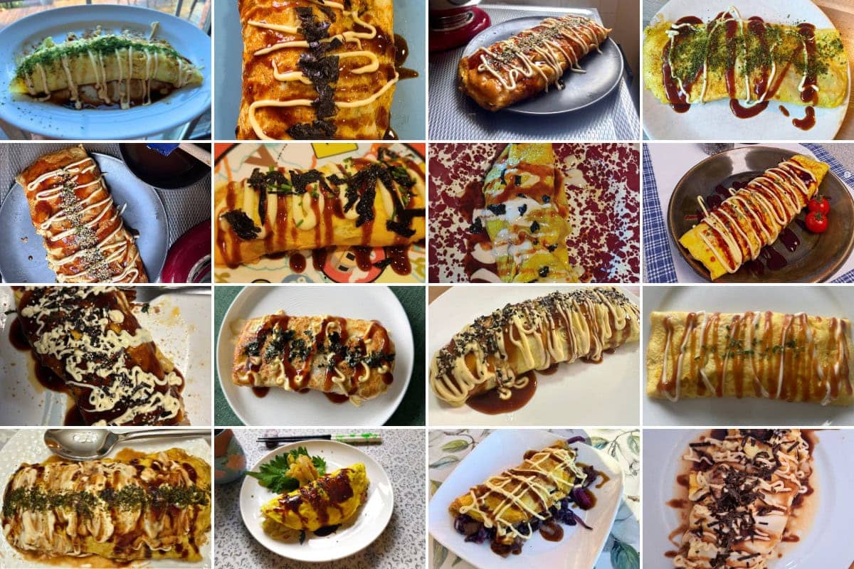 A collage of fifteen different Japanese-style folded omelets for the JOC Cooking Challenge, each drizzled with savory brown sauce, mayonnaise, and sprinkled with various toppings like seaweed, seeds, and herbs.