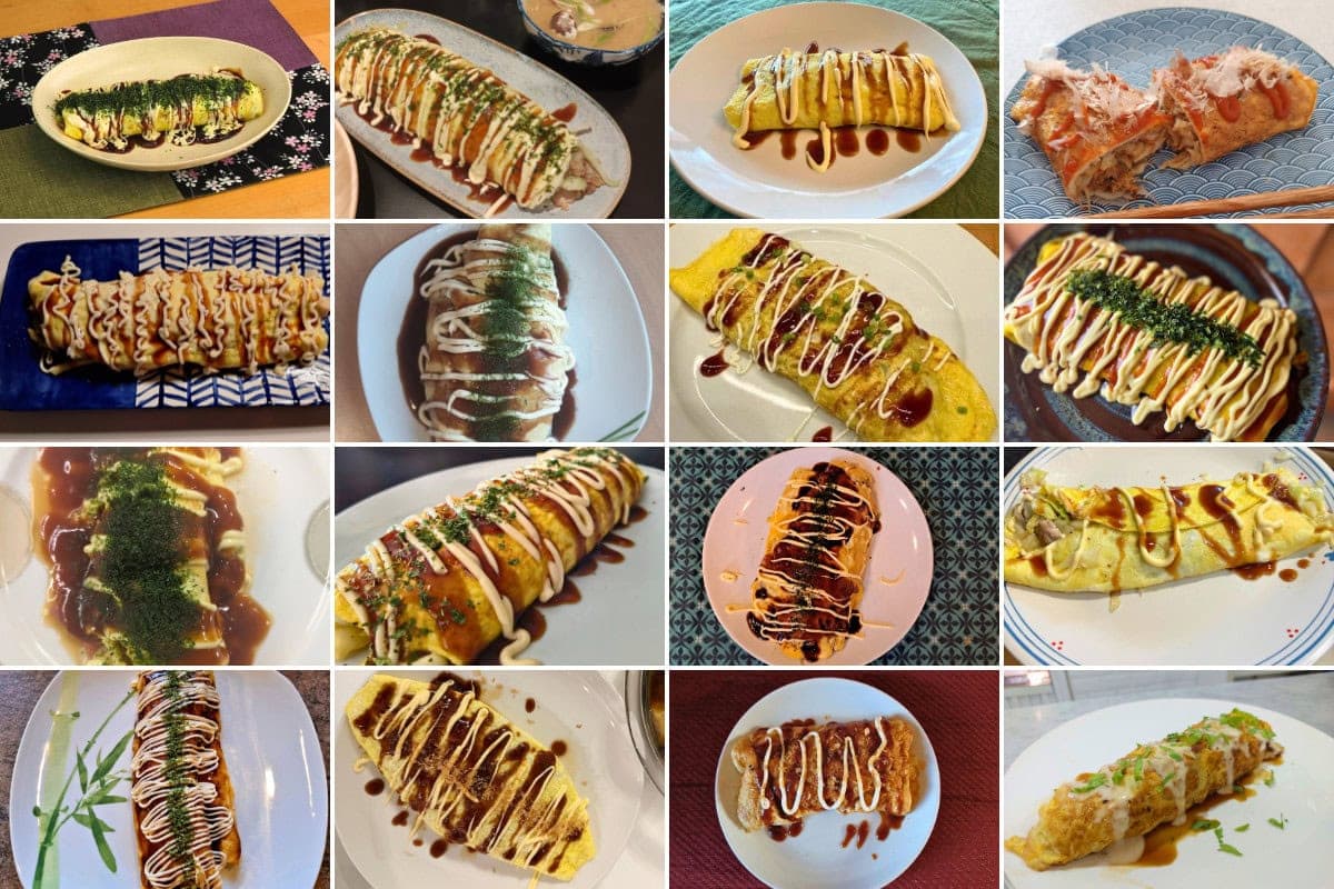 A collage of sixteen Japanese-style omelets from a JOC Cooking Challenge, each topped with various sauces, drizzles of mayonnaise, and garnishes like seaweed flakes or bonito shavings.