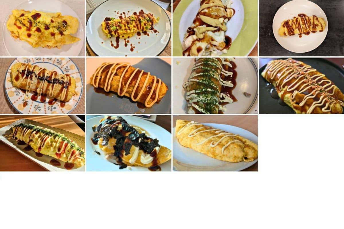 A collage of eleven different JOC Cooking Challenge omurice dishes, each consisting of a rolled omelet drizzled with sauce and mayonnaise, some garnished with seaweed or sprinkles.