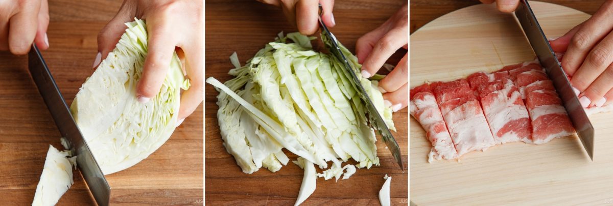 Three panels show hands using a knife to slice cabbage and then raw pork on a wooden cutting board, preparing fresh ingredients for cooking tonpeiyaki.