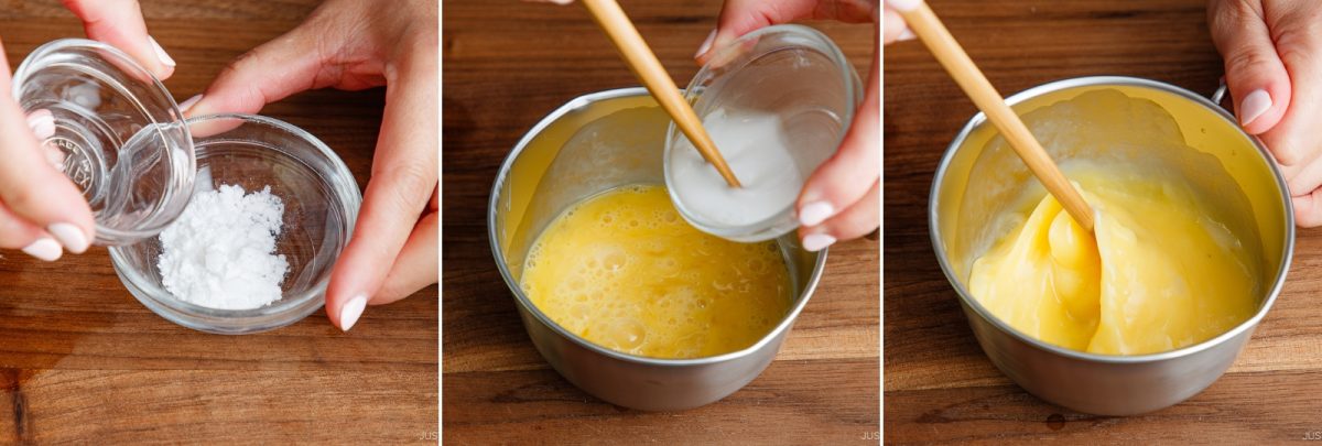 Three steps of making custard: mixing powder and liquid, pouring mixture into beaten eggs, and stirring a thick yellow custard in a saucepan with a wooden spoon&mdash;similar to the careful preparation seen in dishes like tonpeiyaki.