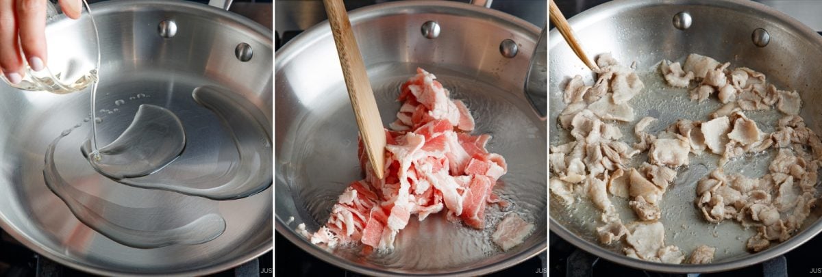 A hand pours oil into a pan, raw sliced meat is added and stirred with a wooden spatula, then the meat is cooked and browned in the pan&mdash;preparing the savory base for classic tonpeiyaki.