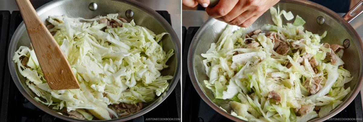 Two images show cabbage and meat cooking in a stainless steel skillet as part of preparing tonpeiyaki. On the left, a spatula stirs cabbage; on the right, a hand sprinkles seasoning onto cabbage and meat. Both scenes are on a stovetop.