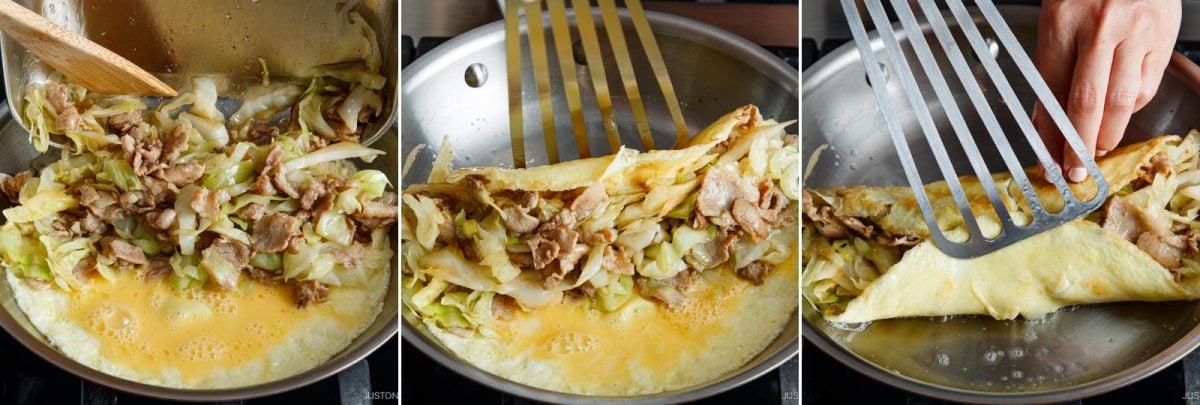 A sequence showing a classic tonpeiyaki&mdash;a savory omelette with meat and cabbage&mdash;cooking in a pan, being folded with a spatula in three steps.