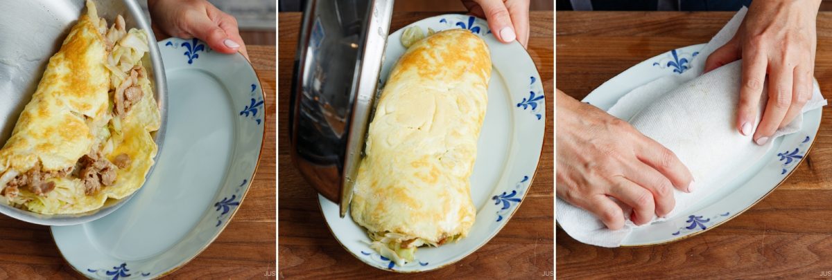 Three-step process: a tonpeiyaki omelette with filling is placed on a plate, then rolled tightly, and finally wrapped in parchment paper on a wooden table. Hands are shown guiding the process.