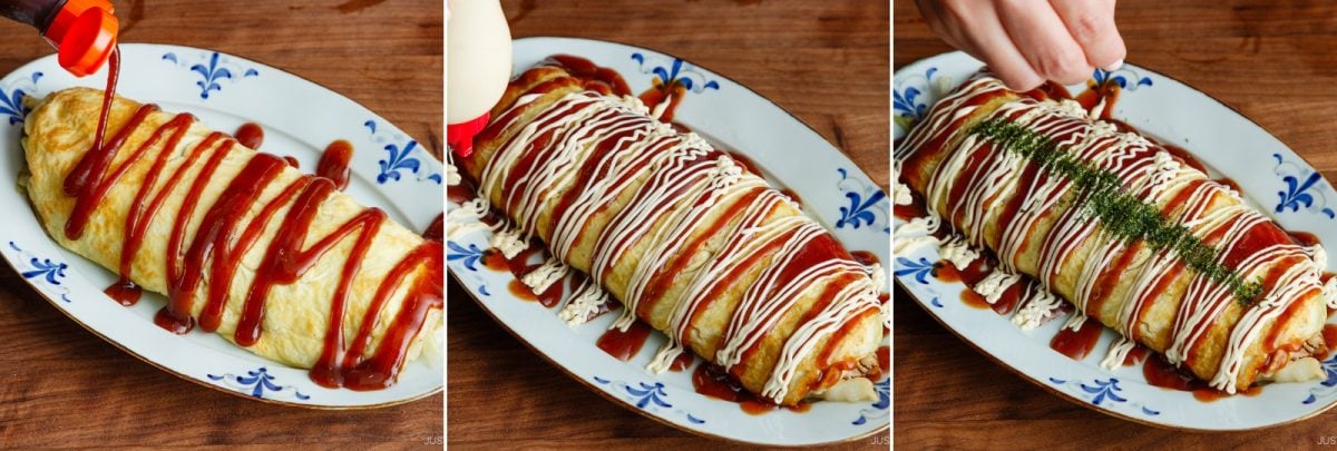Three-step collage of a large rolled omelette on a plate, inspired by classic tonpeiyaki: ketchup is drizzled in the first, mayonnaise is added in the second, and green herbs are sprinkled over both sauces in the third.