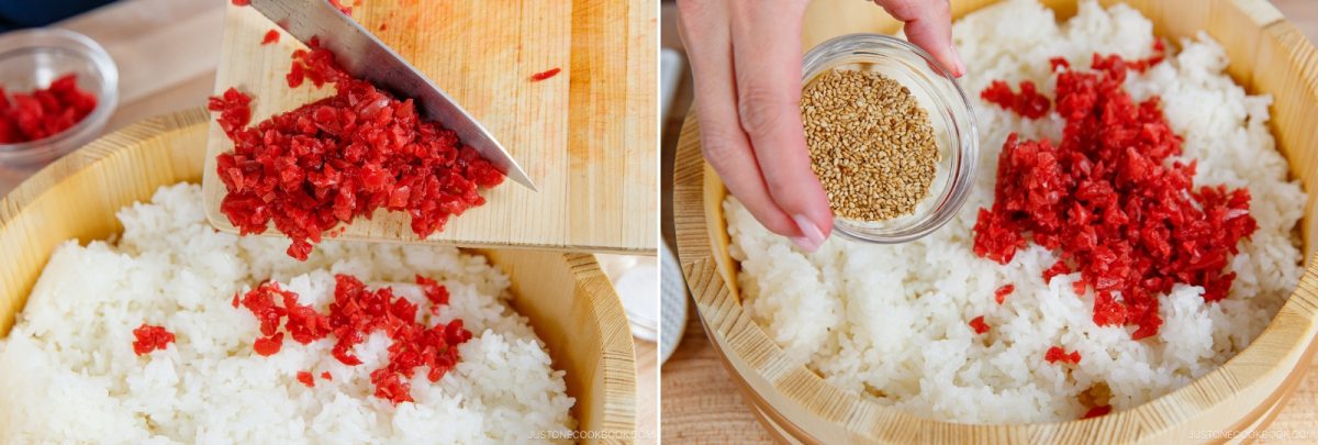 Chopped red pickled plum and toasted sesame seeds are being added to a bowl of white rice on a wooden tray, shown in a close-up, step-by-step cooking process for preparing Umeboshi Onigiri (Plum Rice Ball) inspired by Midnight Diner.