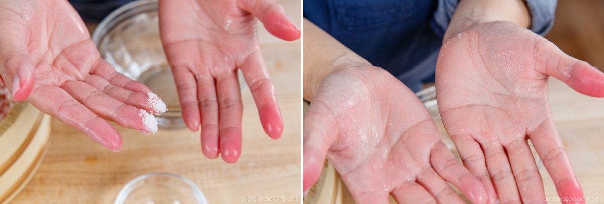 Two images side by side show hands; the left image has salt on fingertips, ready to season the rice for Umeboshi Onigiri (Plum Rice Ball) as seen in Midnight Diner, while the right image shows clean, open palms with no visible salt, both set on a wooden surface with bowls nearby.