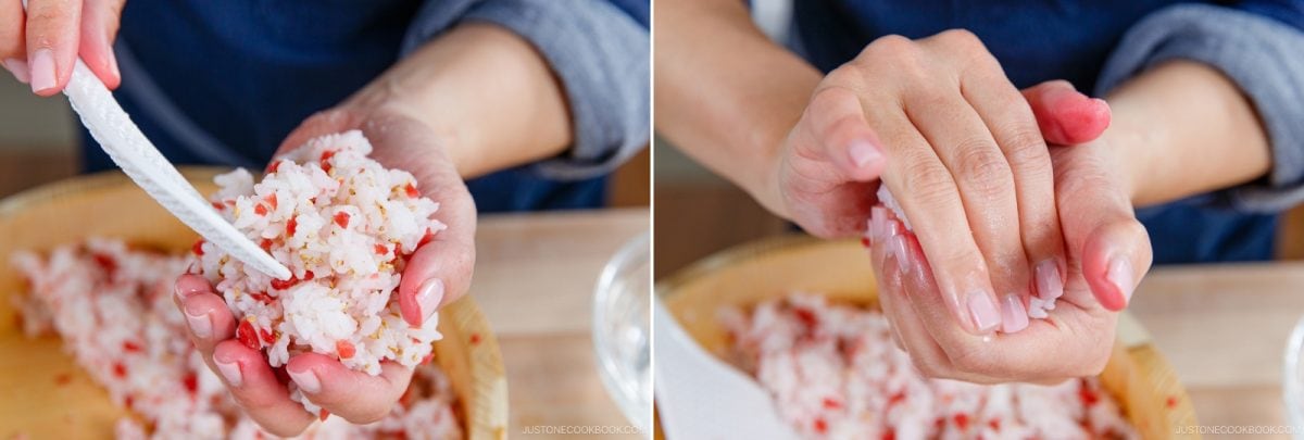 Two close-up images show hands shaping rice with bits of red ingredient, crafting Umeboshi Onigiri (Plum Rice Ball) as seen in Midnight Diner. In the first, a knife smooths the rice. In the second, hands gently press the rice into shape over a wooden bowl.