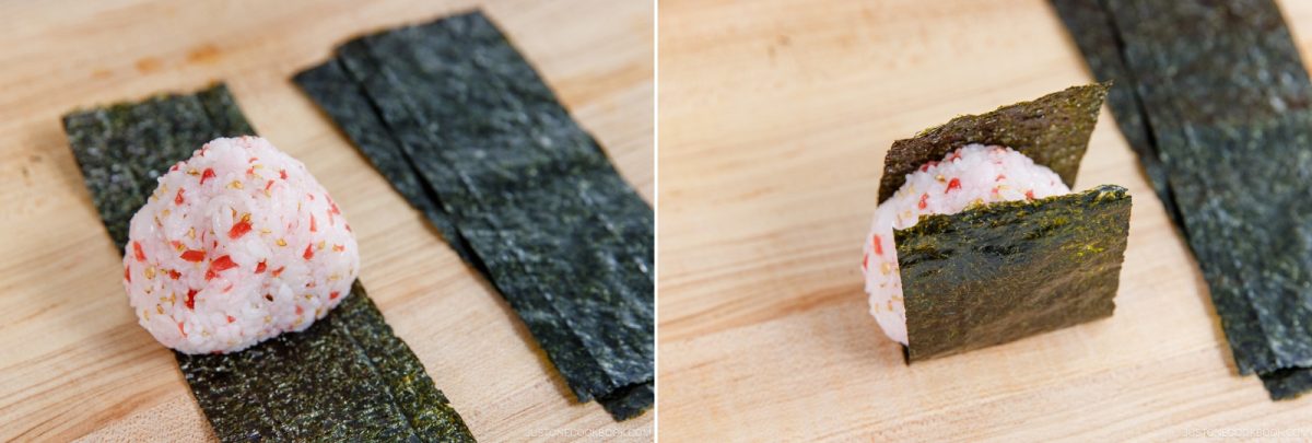 Two images show an Umeboshi Onigiri (Plum Rice Ball) from Midnight Diner, with savory seasoning being wrapped in a strip of seaweed on a wooden surface, demonstrating the steps of making this classic seaweed-wrapped rice ball.