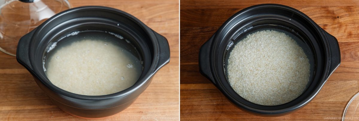 Two-part image showing raw rice soaking in water inside a black clay pot.