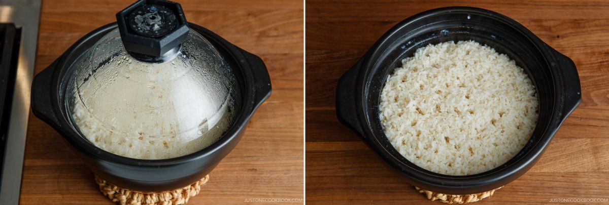 A black ceramic pot containing cooked white rice, shown covered with a glass lid and uncovered.