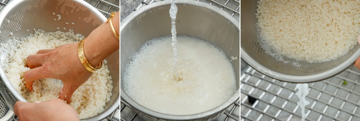A three-part image showing hands rinsing white rice in a metal colander, filling it with water, and draining it as a step in how to cook rice in a donabe.