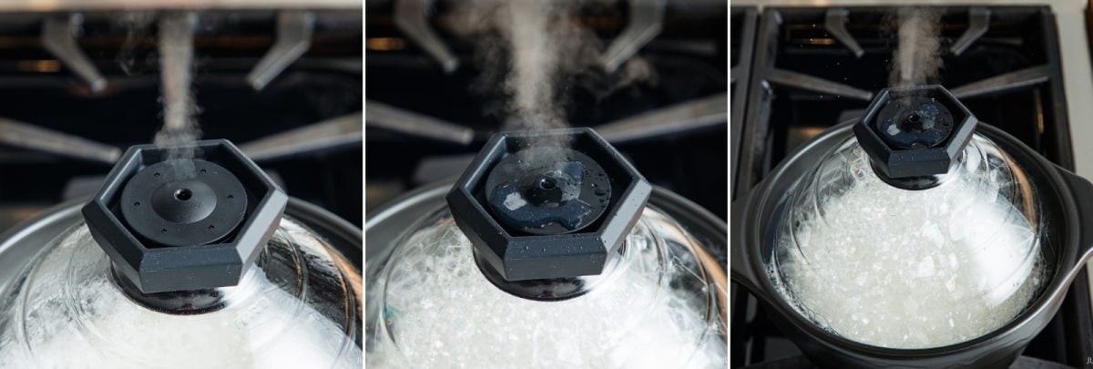 Three views of a donabe, showing how to cook rice as steam escapes from the hexagonal vent in the glass lid.