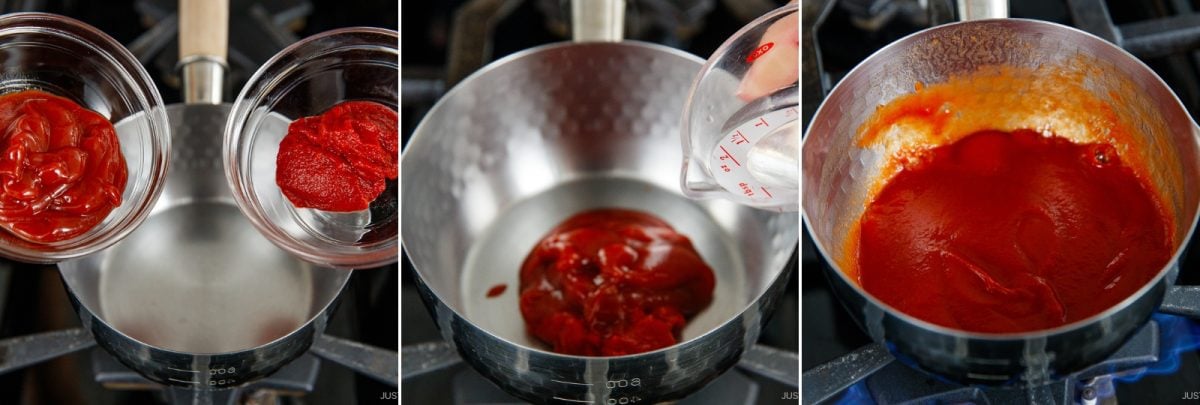Three-step collage inspired by Japanese Chicken Rice (Midnight Diner): pouring ketchup and tomato paste into a pot, adding water, then stirring the mixture while it heats on a stovetop, creating a smooth red sauce.