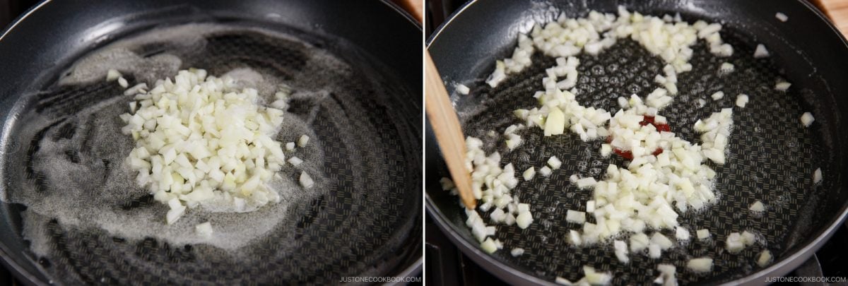 Two side-by-side images show diced onions being sautéed in a frying pan with melted butter, a key step in preparing Japanese Chicken Rice (Midnight Diner). A wooden spatula is visible stirring the onions in the right image.
