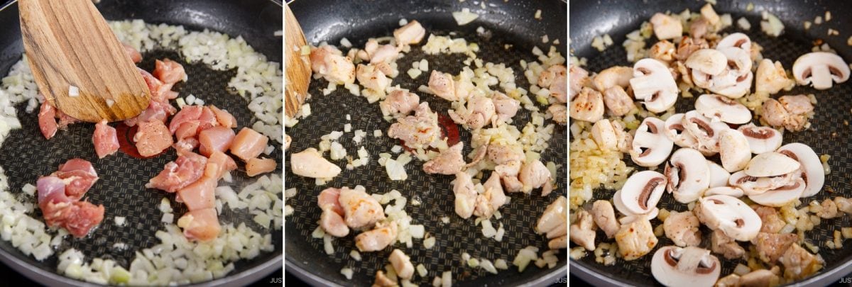 Three photos show the process of cooking Japanese Chicken Rice (Midnight Diner): onions and raw chicken in a pan, then sautéed chicken and onions, followed by sliced mushrooms added to the mixture.