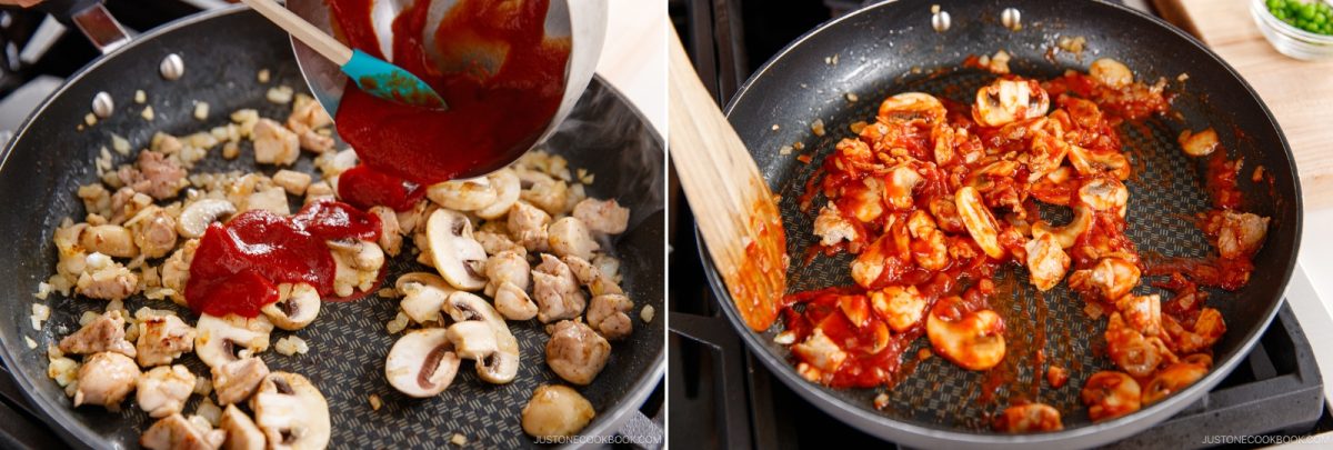 Two images side by side show chicken, mushrooms, and tomato sauce being cooked in a frying pan—a classic step in preparing Japanese Chicken Rice (Midnight Diner). In the first image, the sauce is being poured over the ingredients; in the second, everything is mixed together to create a flavorful dish.