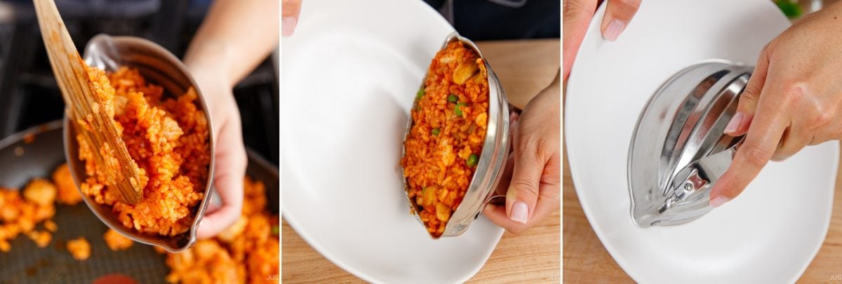Three-panel image: Japanese Chicken Rice (Midnight Diner) filling is scooped into a metal mold, the mold is placed on a white plate, and then the mold is lifted to reveal the molded chicken rice on the plate. Hands are visible in each step.