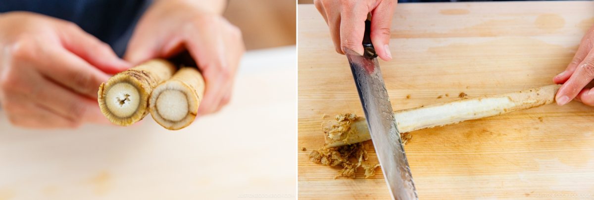Two images: Left shows hands holding two pieces of burdock root, a key ingredient in Kinpira Gobo (Braised Burdock Root). Right shows a hand scraping the skin off a burdock root with a large knife on a wooden cutting board.